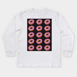 Watercolor donuts pattern - pink and black background Kids Long Sleeve T-Shirt